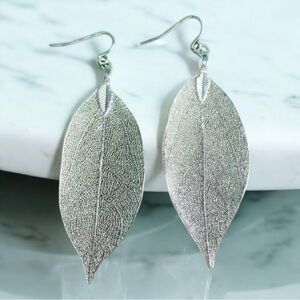 ZAD Silvertone Leaf Drop Earrings 1.38" W x  3" L